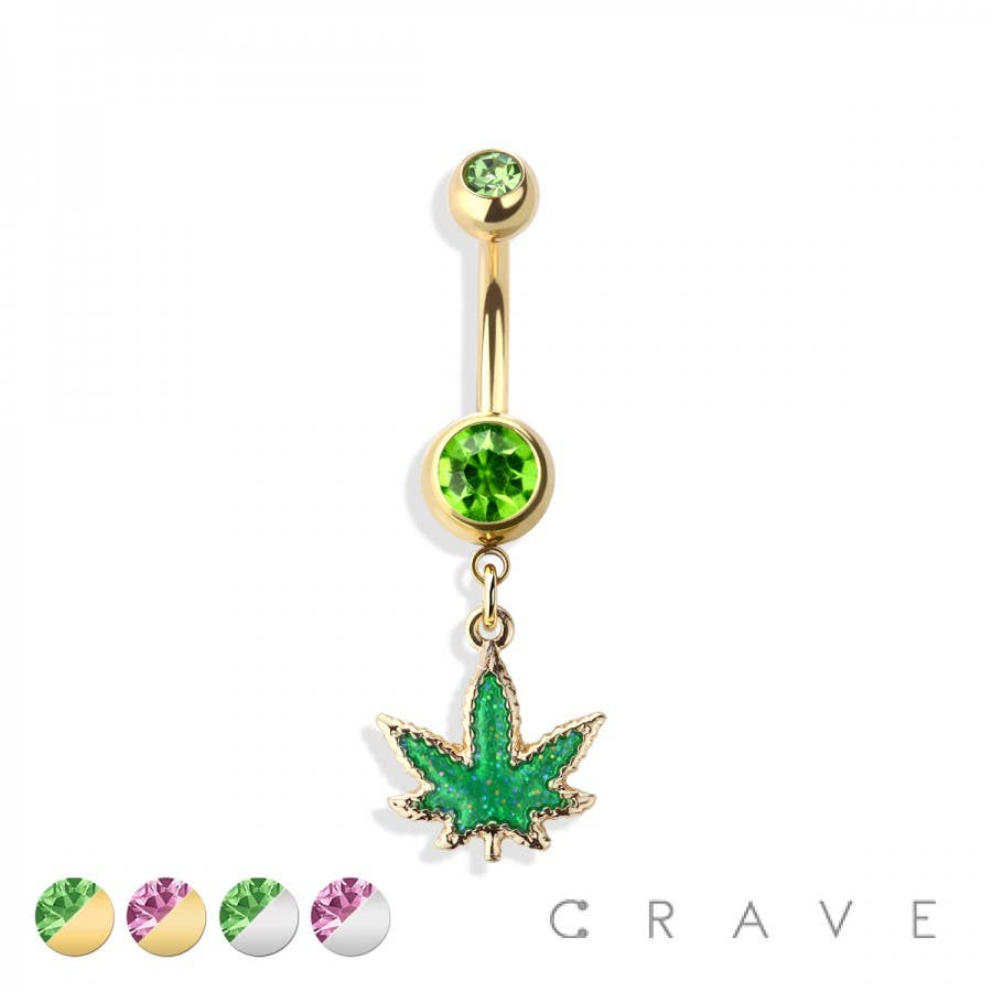 GLITTERED MARIJUANA DANGLE 316L SS NAVEL RING