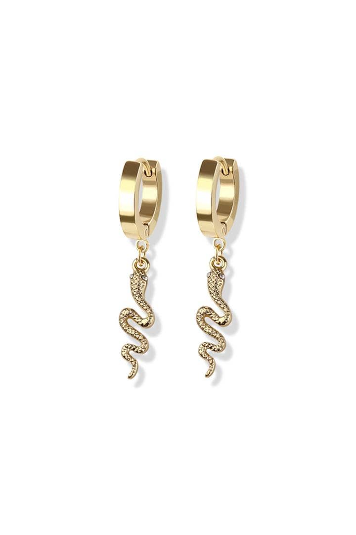 PAIR OF STAINLESS STEEL HUGGIE/HOOP EARRINGS W/SNAKE DANGLE