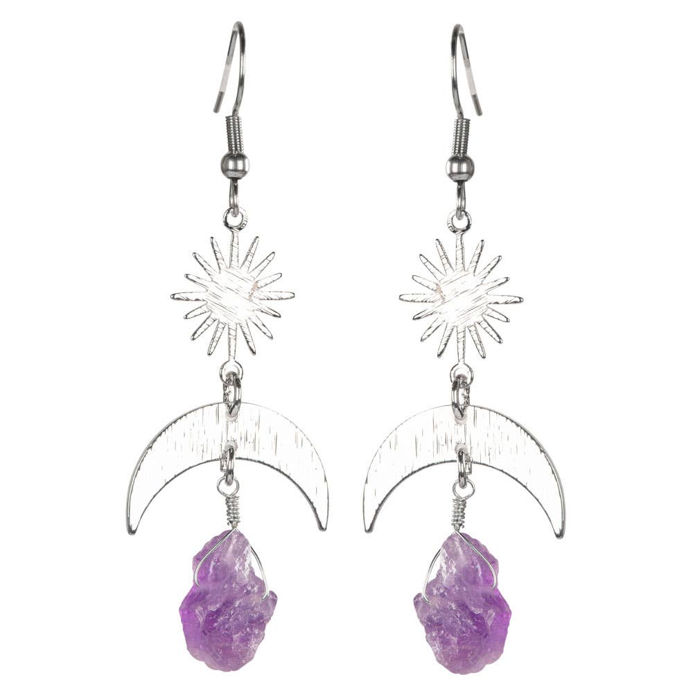 Sun And Moon Earring With Rough Stones And Silver Finish