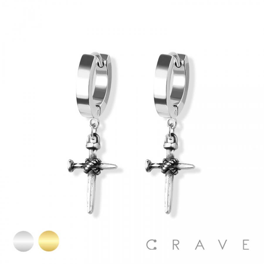 PAIR OF 316L SS HUGGIE/HOOP EARRINGS WITH CROSS STAKE DANGLE