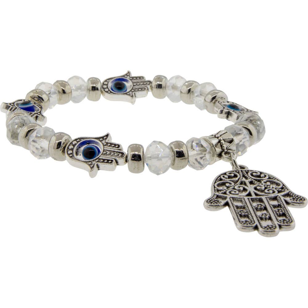 Glass Beads Elastic Bracelet Clear w/ Evil Eye Fatima Hand (