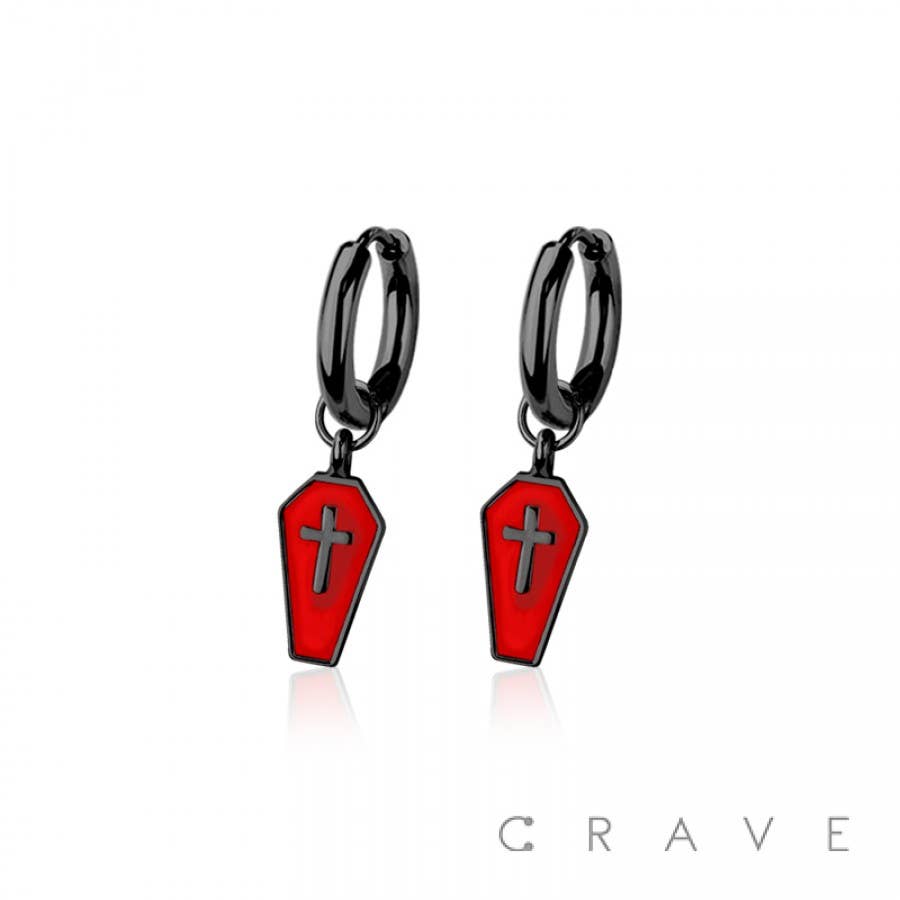PAIR OF 316L STAINLESS STEEL HUGGIE/HOOP ENAMEL LAYER COFFIN