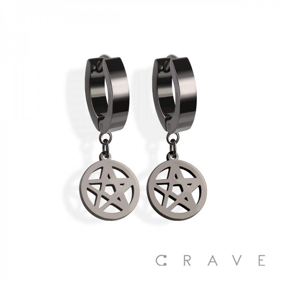 PAIR OF 316L SS HUGGIE/HOOP EARRINGS WITH STAR DANGLE