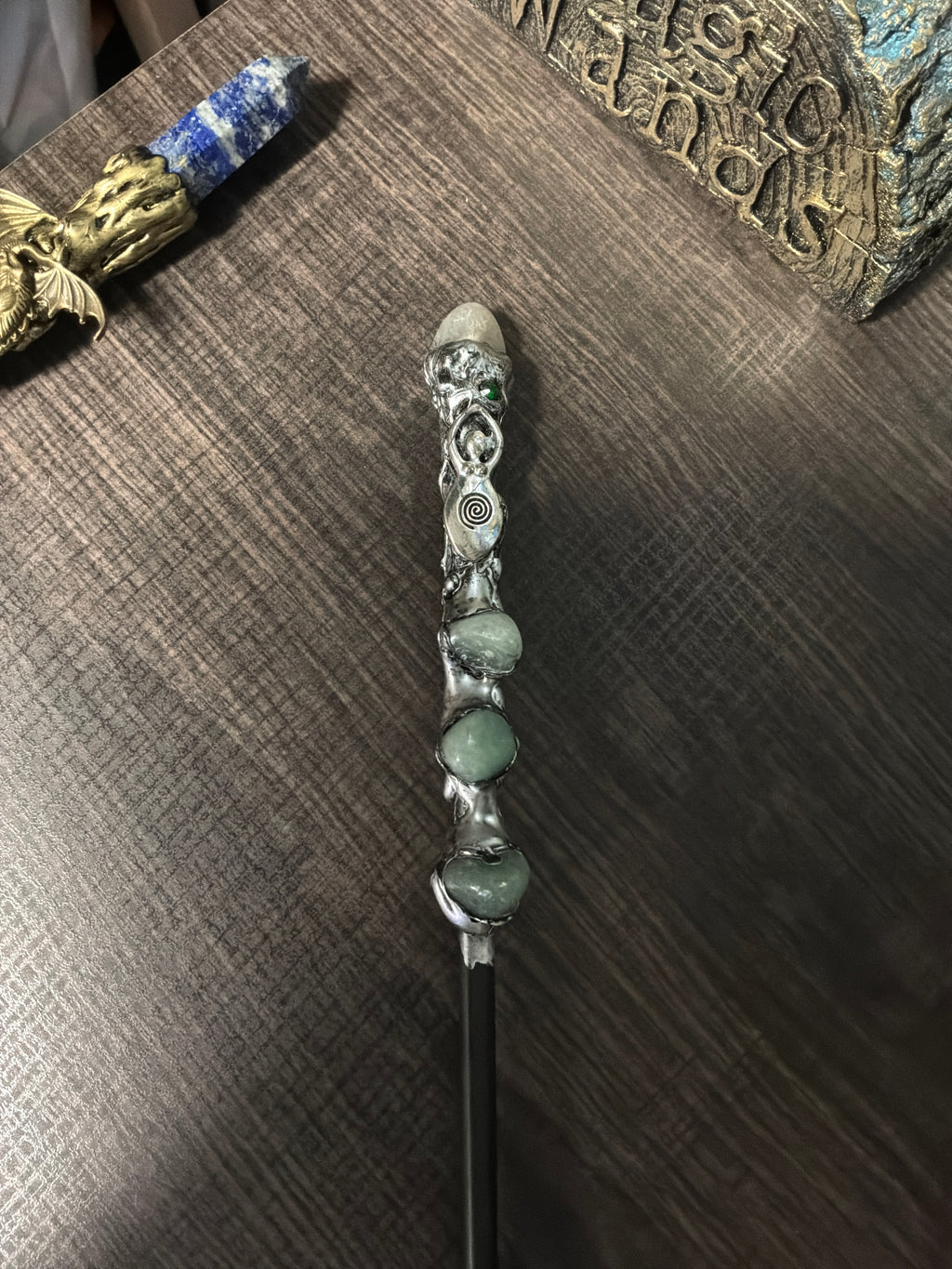Magick Wand - Silver Spiral Goddess w/ Green Aventurine