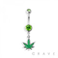 GLITTERED MARIJUANA DANGLE 316L SS NAVEL RING