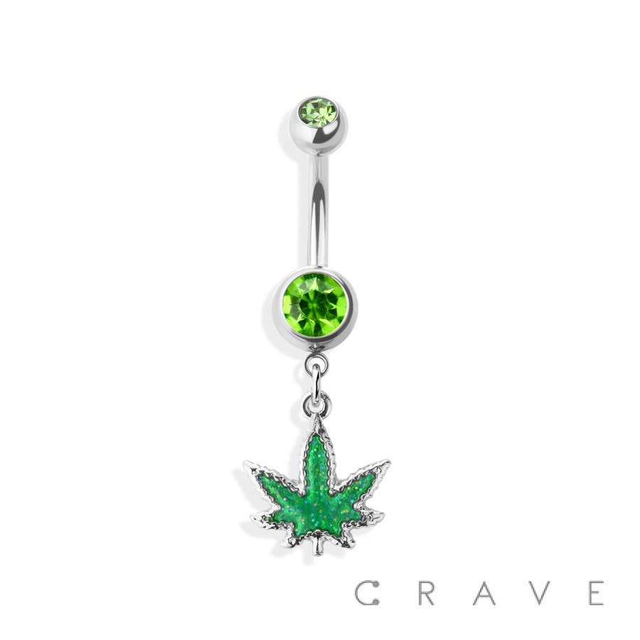 GLITTERED MARIJUANA DANGLE 316L SS NAVEL RING