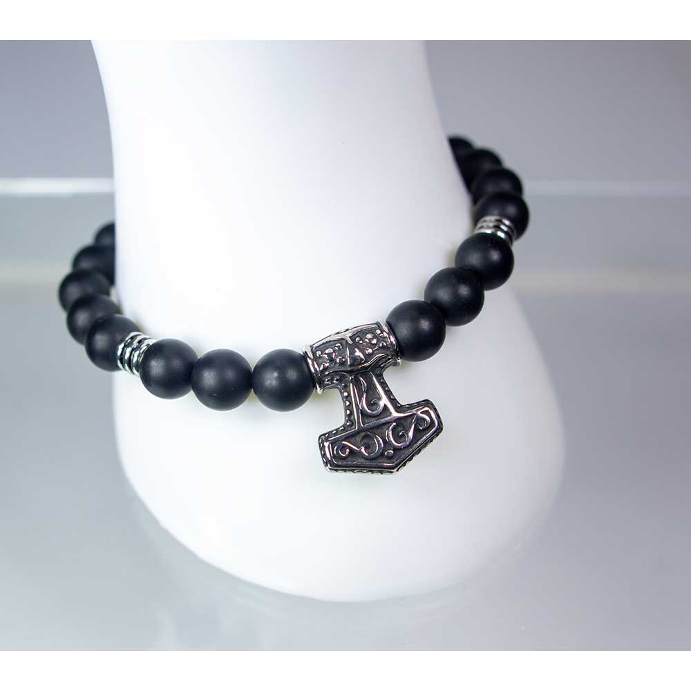 Elastic Bracelet 10mm Bead Matte Black Agate w/Viking Hammer