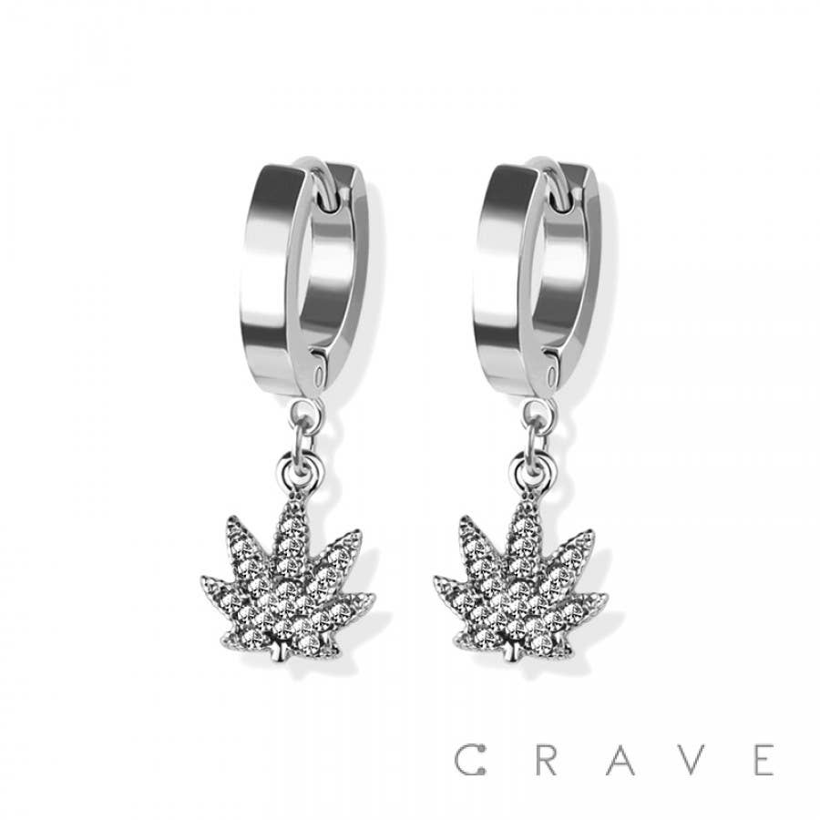 PAIR OF 316L SS EARRINGS W/GEM PAVED MARIJUANA PENDANT