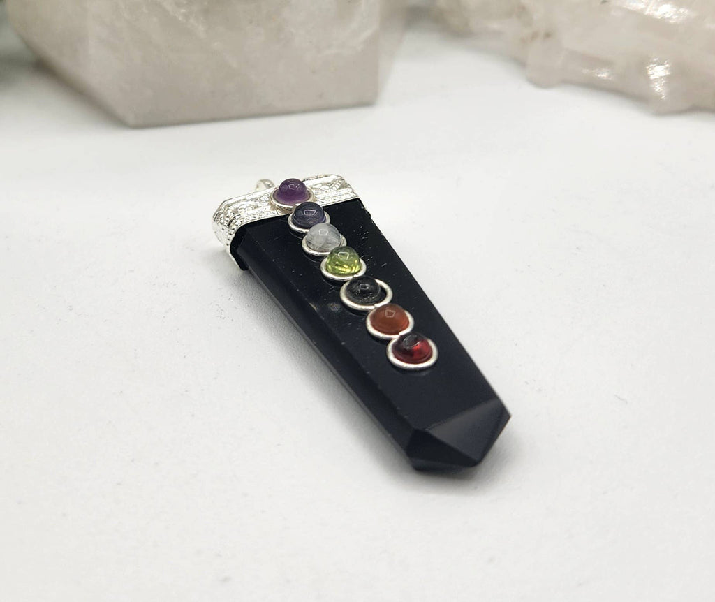 Black Obsidian Flat Gemstone Pendant w/Chakra Silver Color