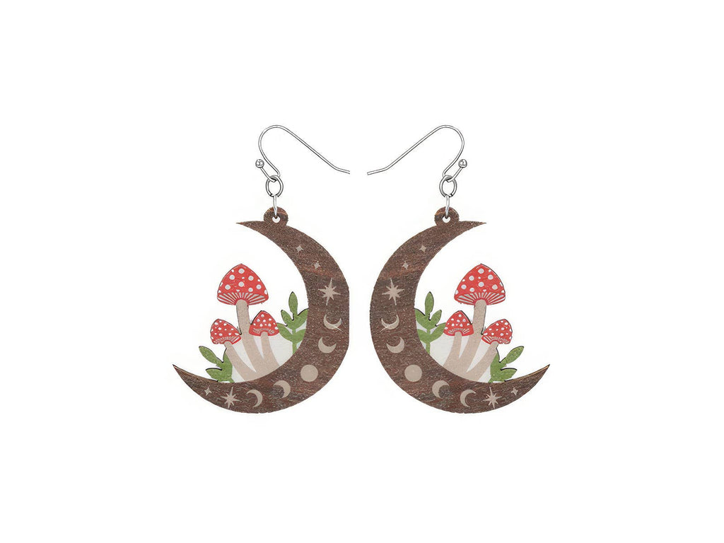 Natural Mystic Wood Mushroom Moon Earrings