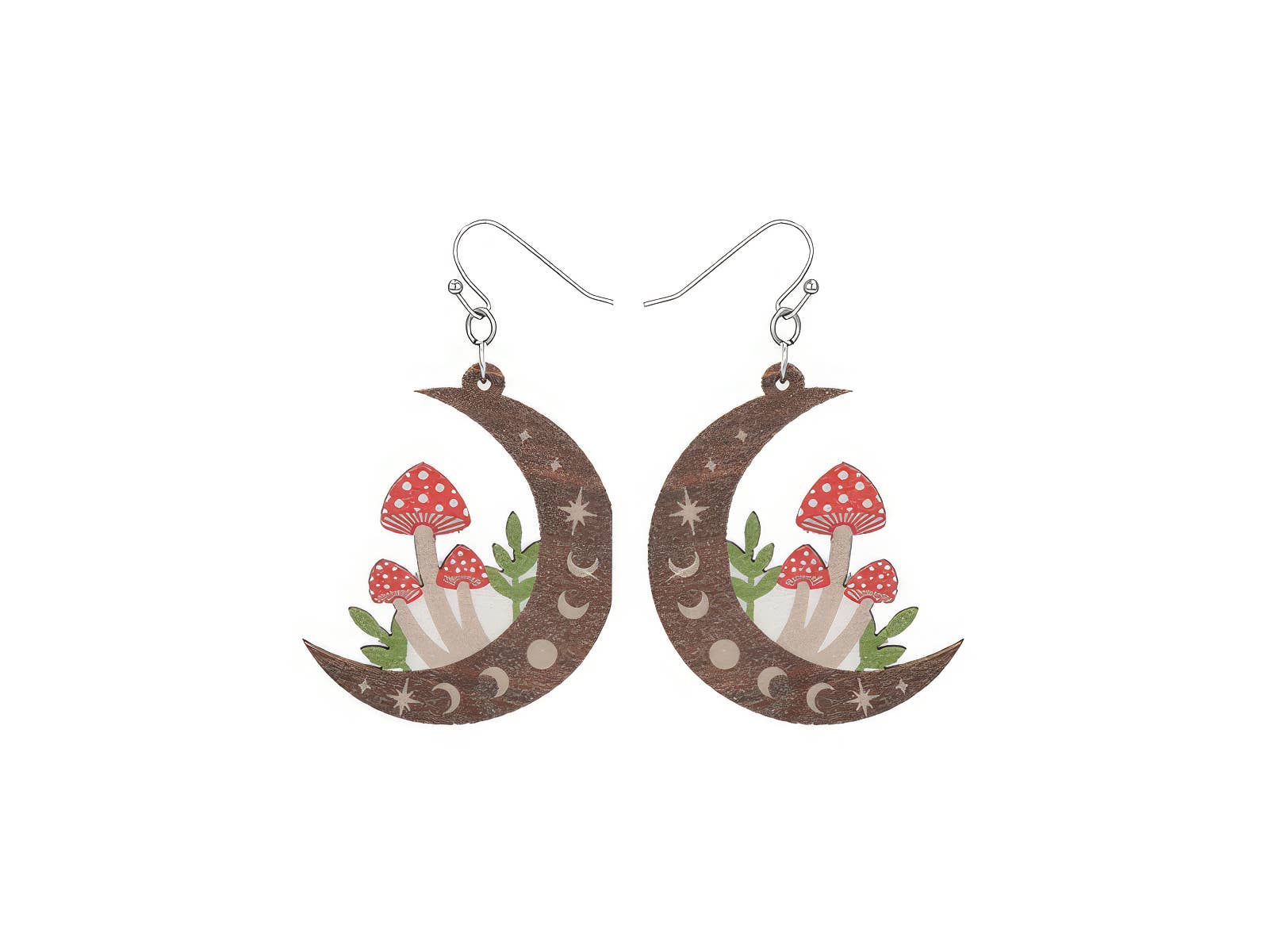 Natural Mystic Wood Mushroom Moon Earrings