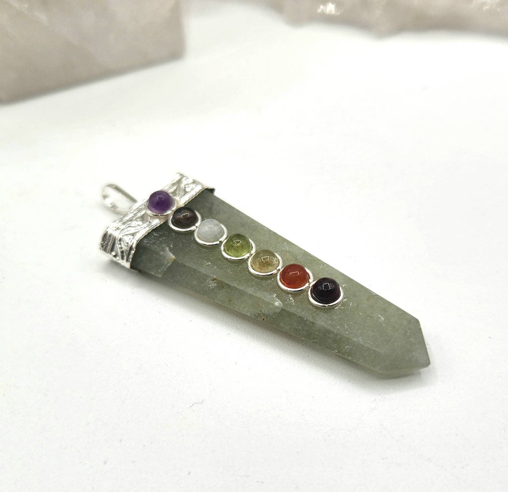 Green Aventurine Flat Gemstone Pendant w/Chakra Silver Color