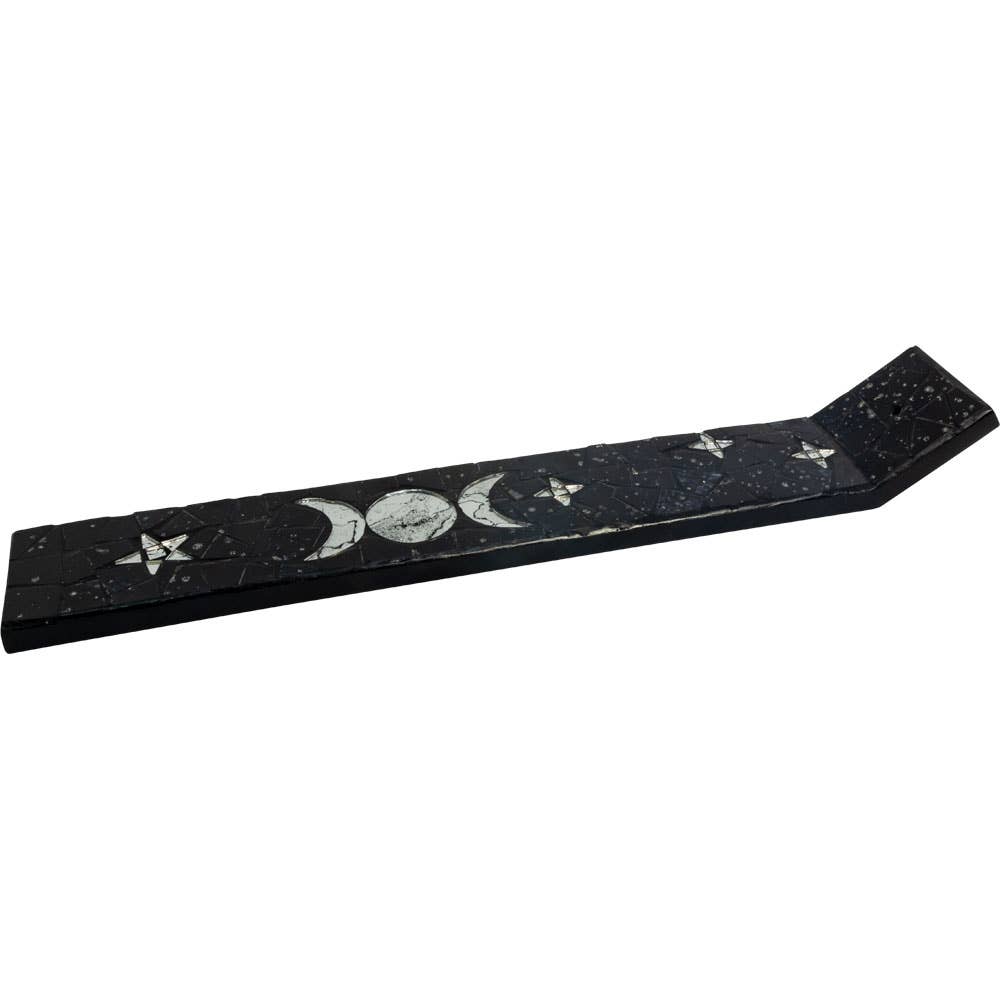 Wood Incense Holder Glass Mosaic 13.5in - Triple Moon