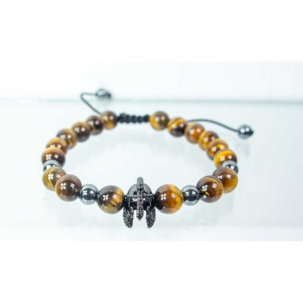 Adj Bracelet 8mm Bead-Tiger Eye & Hematite w/ Warrior Helmet