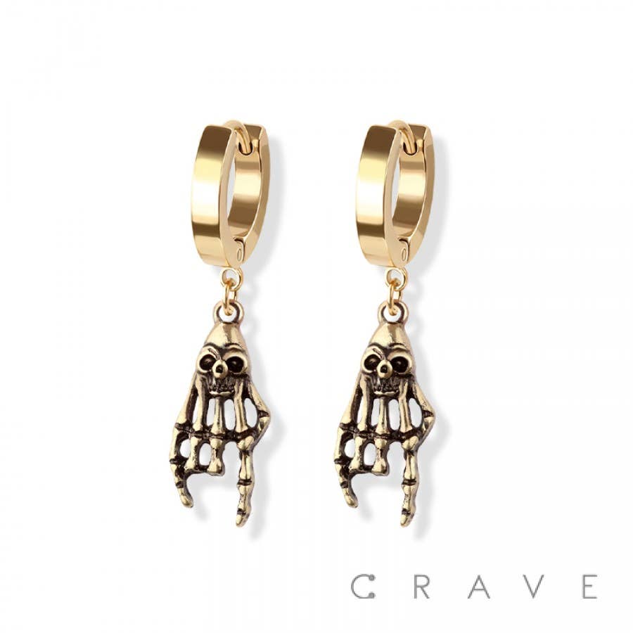 PAIR OF 316L SS HUGGIE/HOOP EARRINGS WITH SKULL HAND DANGLE