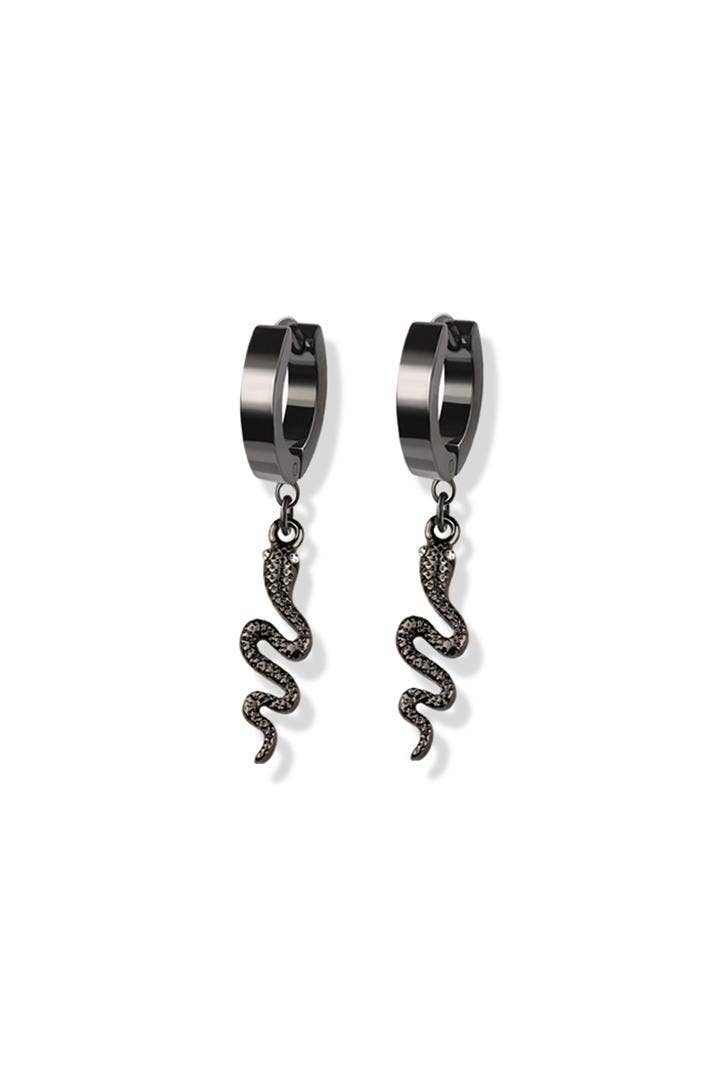 PAIR OF STAINLESS STEEL HUGGIE/HOOP EARRINGS W/SNAKE DANGLE