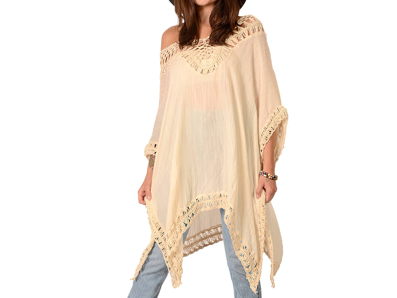 COTTON POLY BLEND CROCHET PONCHO