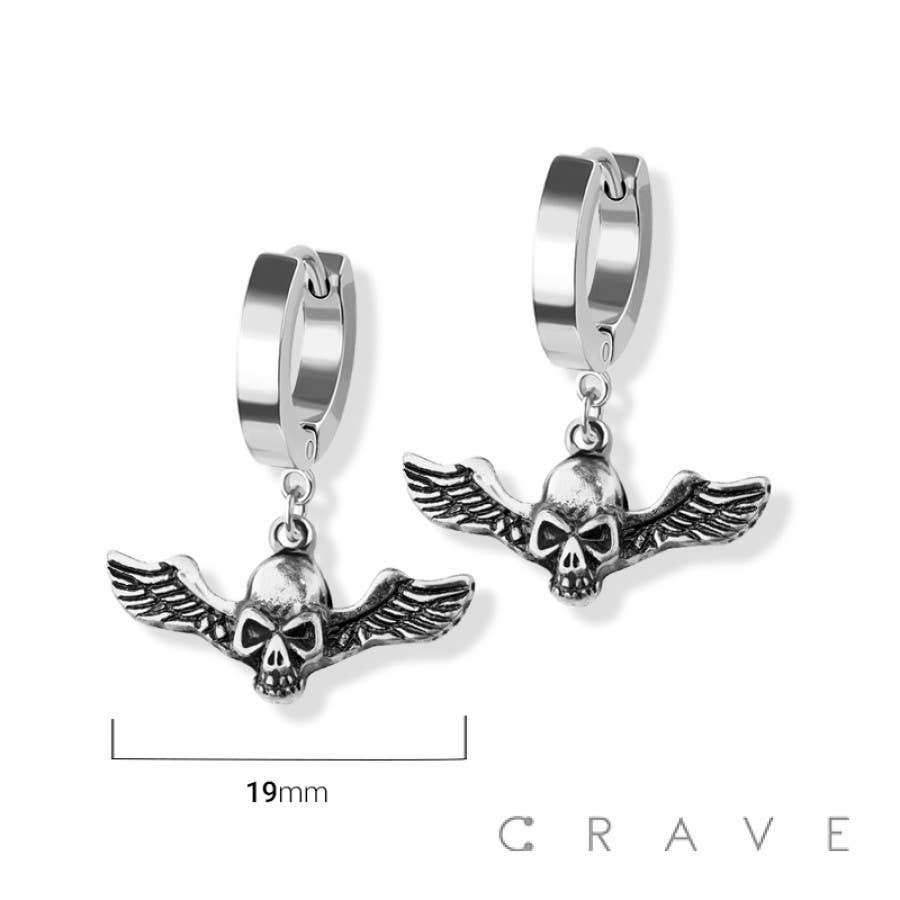 PAIR OF 316L SS HUGGIE/HOOP EARRINGS WITH SKULL WING DANGLE