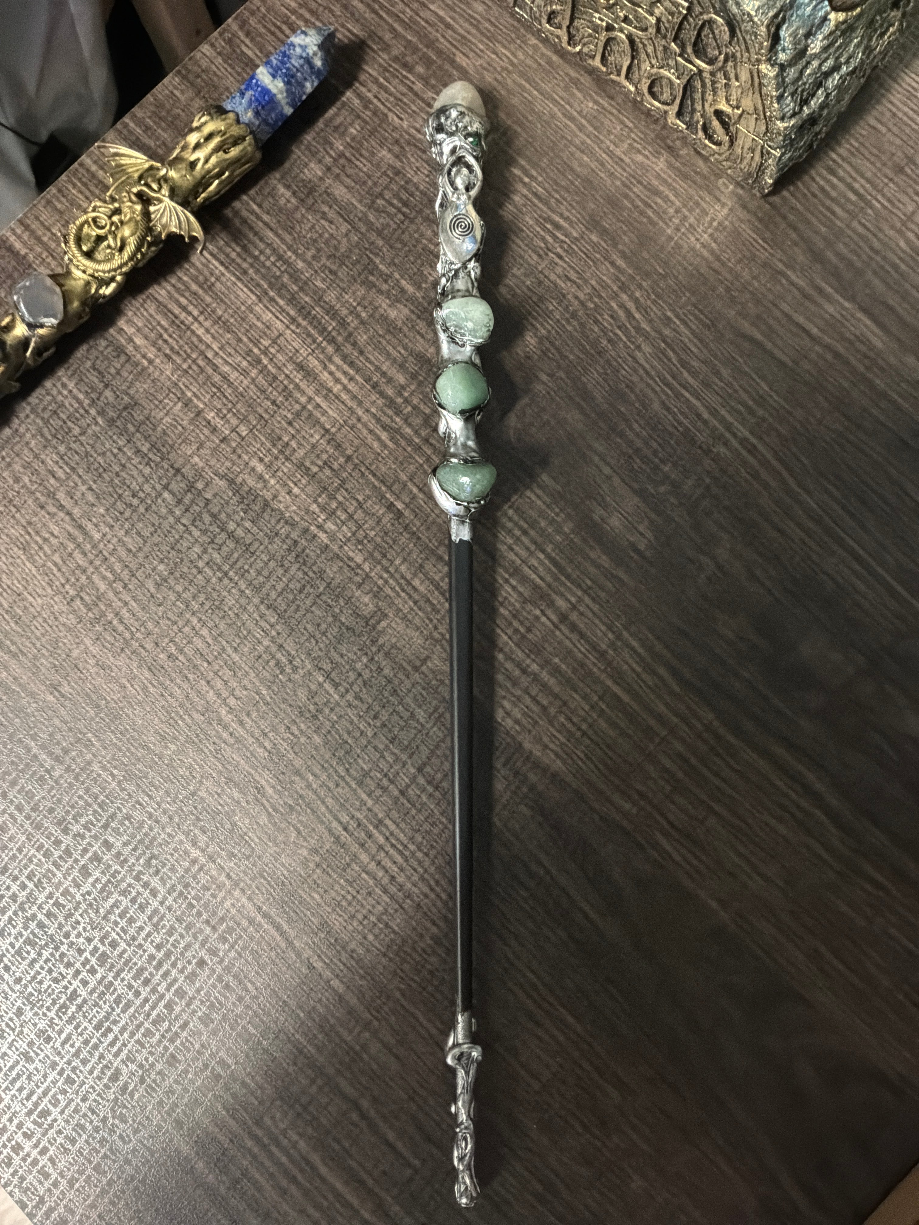 Magick Wand - Silver Spiral Goddess w/ Green Aventurine