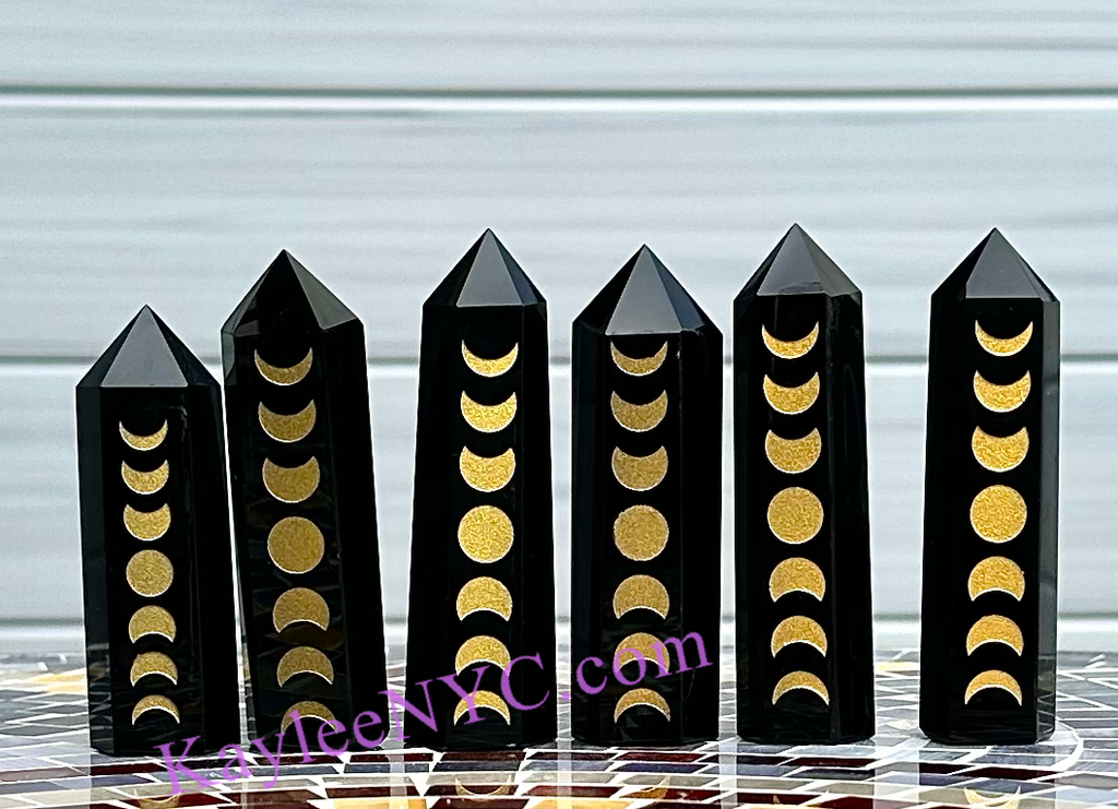 Natural Black Obsidian Etched Moons Tower