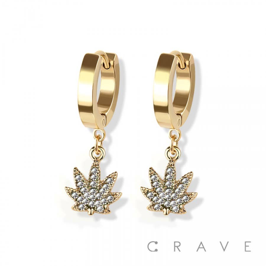 PAIR OF 316L SS EARRINGS W/GEM PAVED MARIJUANA PENDANT