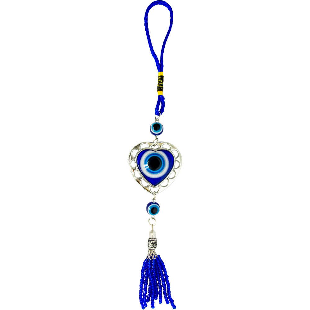 Glass Evil Eye Talisman - Puffed Heart w/ Beaded Tassel