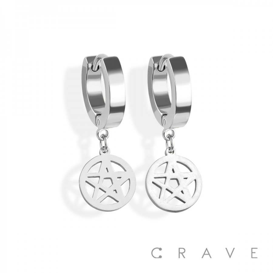 PAIR OF 316L SS HUGGIE/HOOP EARRINGS WITH STAR DANGLE