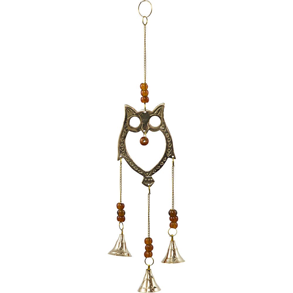 Brass Bell Chime Owl w/ Brown Beads