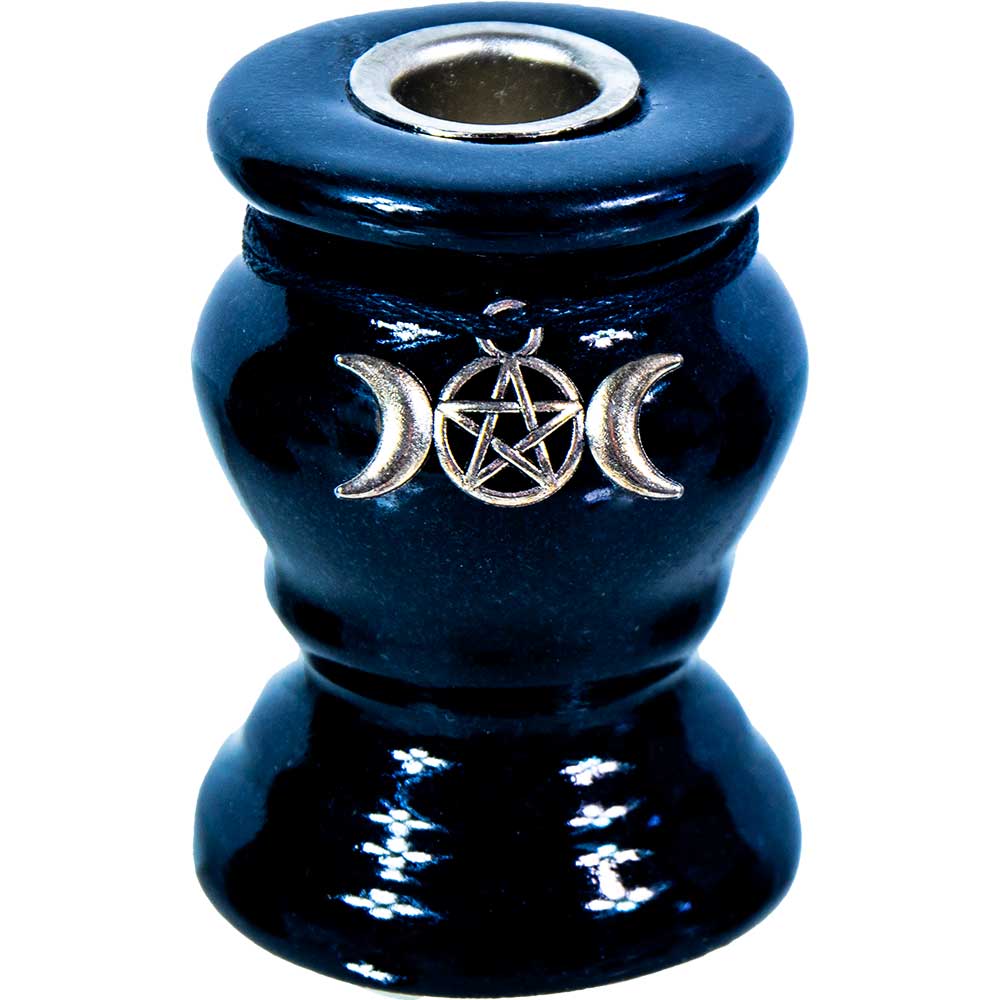 Ceramic Mini CandleStick Holder - Triple Moon Pentacle Black