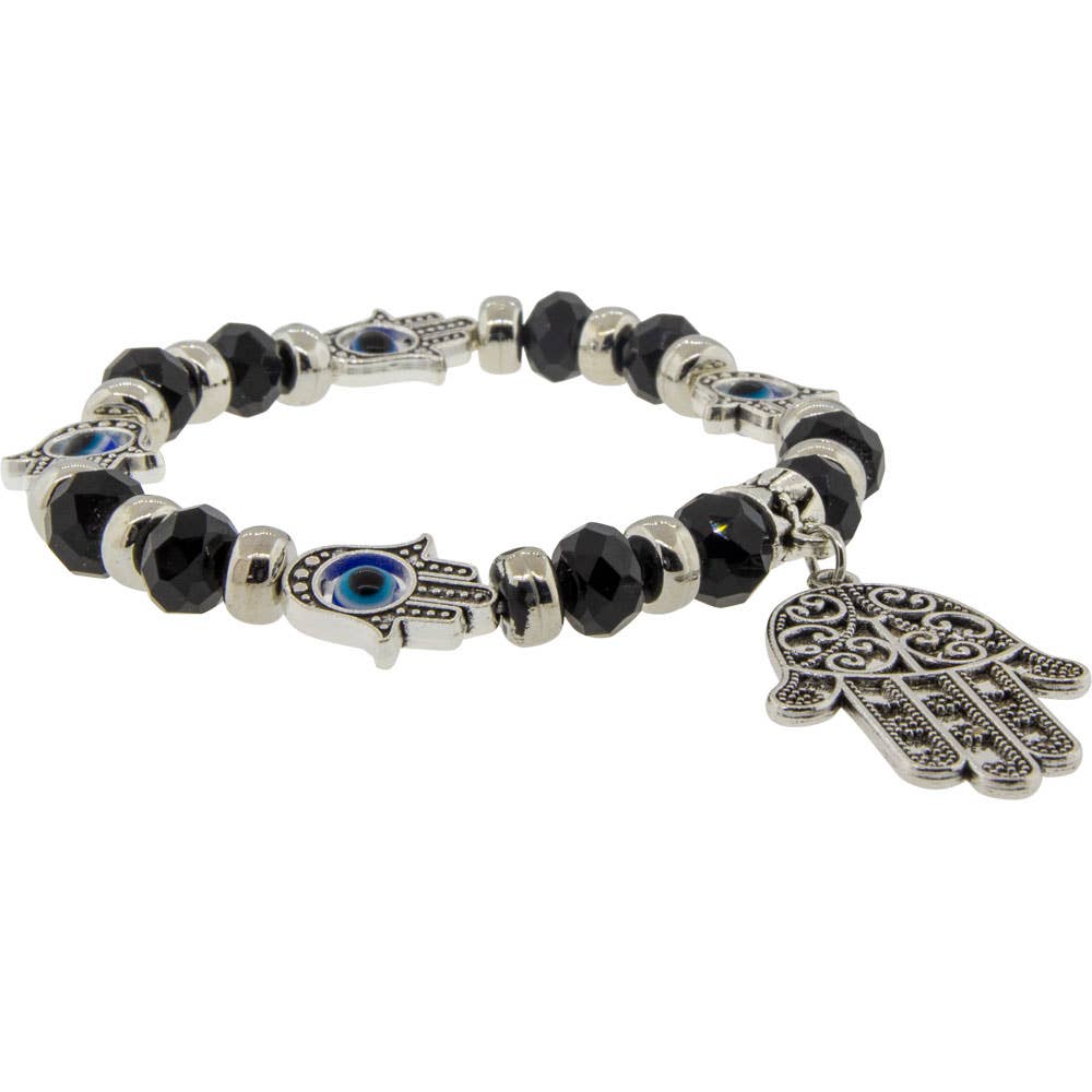 Glass Beads Elastic Bracelet Black w/ Evil Eye Fatima Hand (