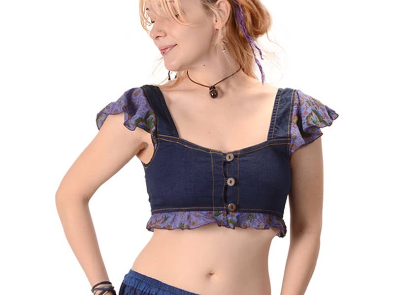 Denim Halter Cotton Print Cutie Crop Top