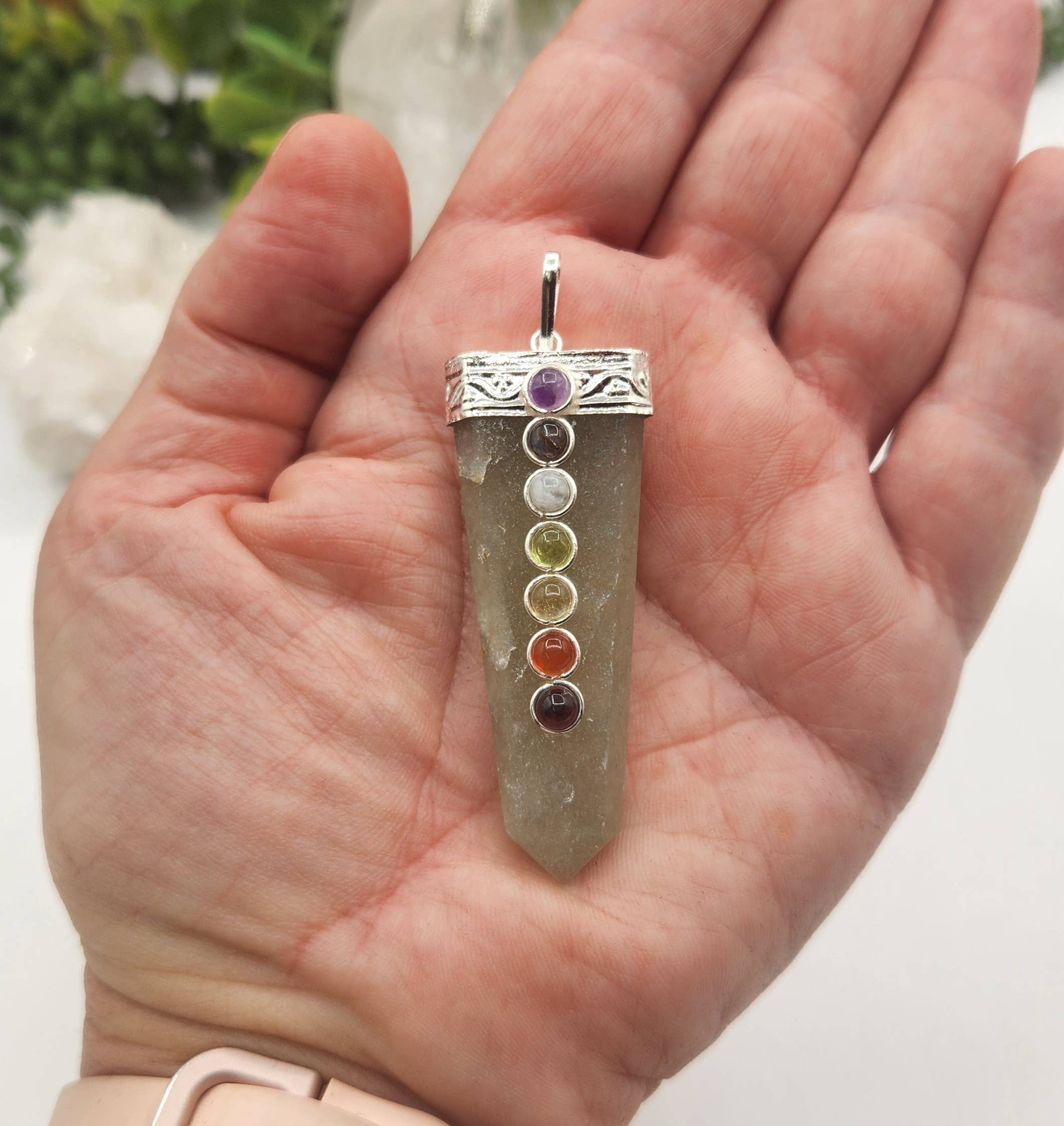 Green Aventurine Flat Gemstone Pendant w/Chakra Silver Color