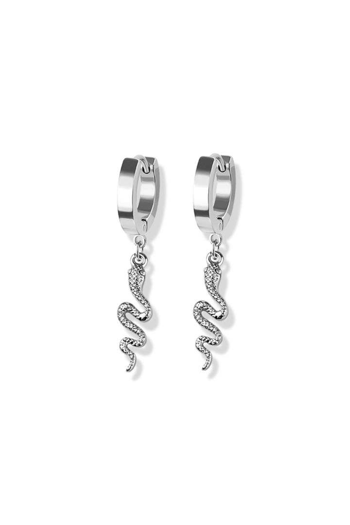 PAIR OF STAINLESS STEEL HUGGIE/HOOP EARRINGS W/SNAKE DANGLE