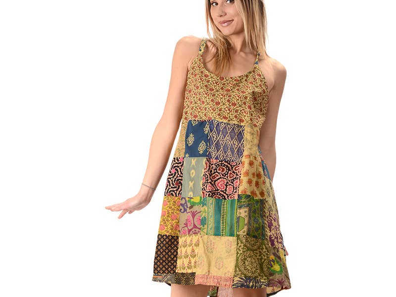 Cotton Print Patchwork String Dress