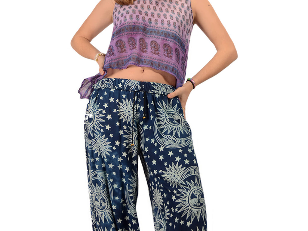 Celestial Star Moon Print Rayon Button Cuff Harem Pants