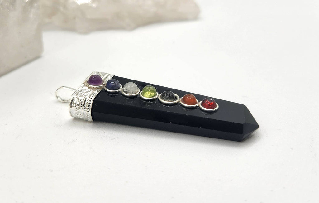 Black Obsidian Flat Gemstone Pendant w/Chakra Silver Color