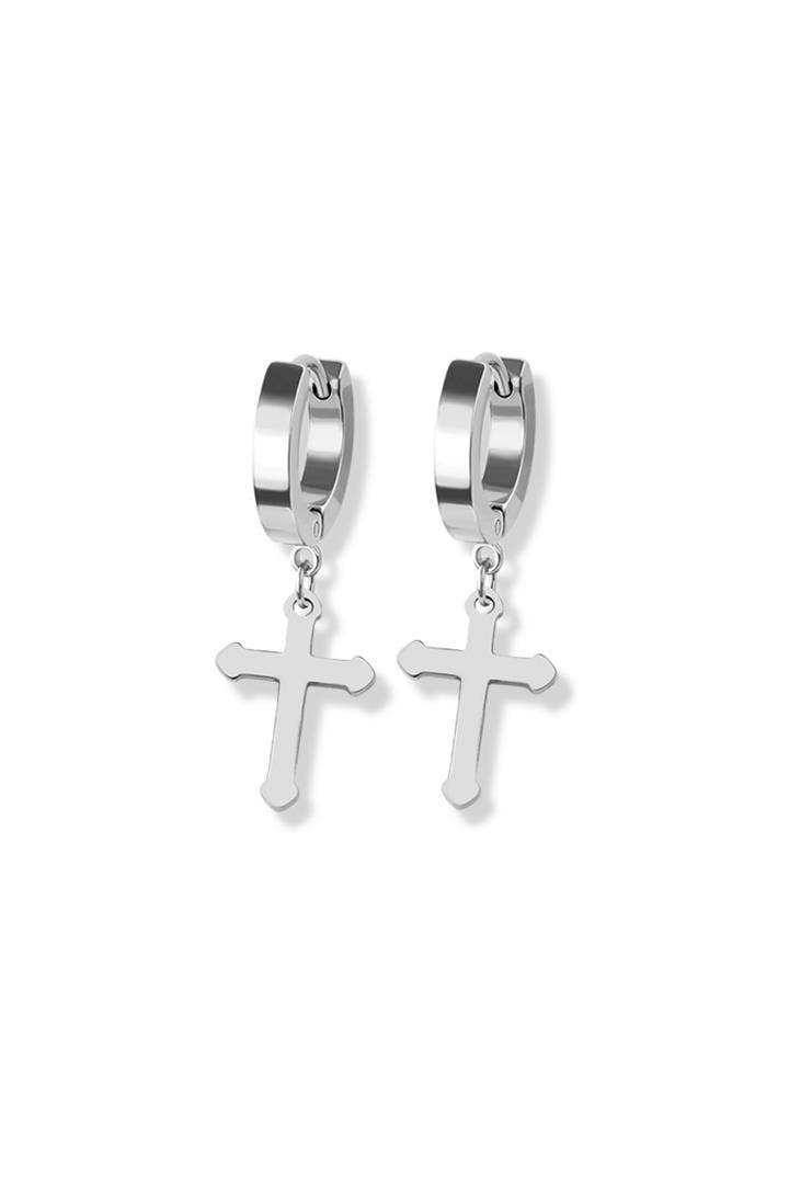 PAIR OF 316L STAINLESS STEEL HUGGIE/HOOP EARRINGS WITH CROSS