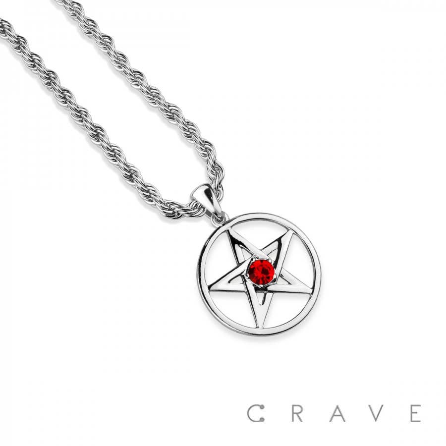 MEN'S PENDANT NECKLACE SILVER TONE PENTAGRAM PENTACLE STAR