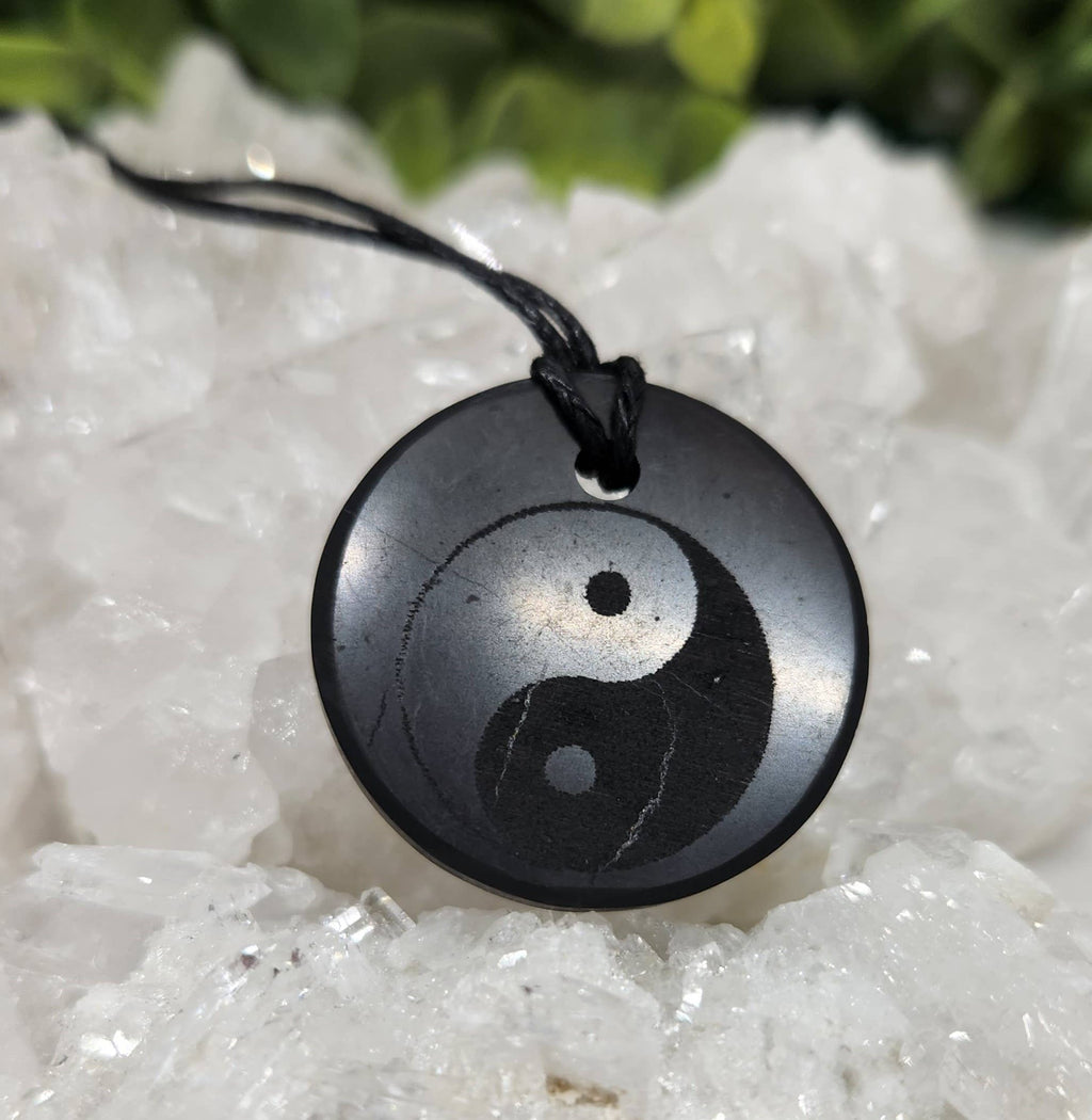 Shungite Pendant Engraved  with Ying Yang with Cord