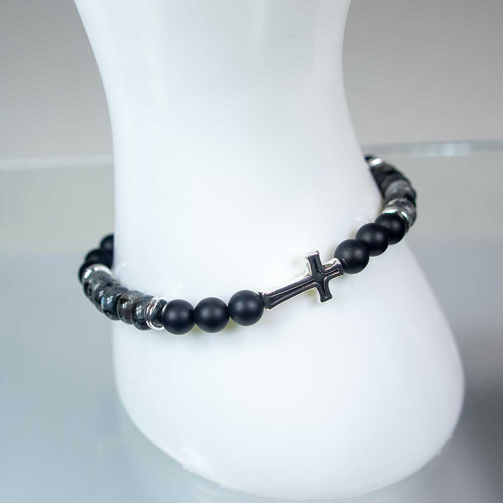 Elastic Bracelet 6mm Bead Black Agate & Labradorite w/ Cross