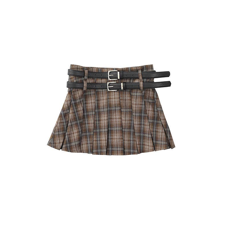Trendy High-Waisted Plaid Shorts with Dual Belts