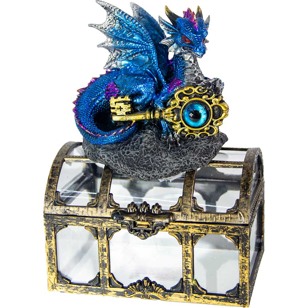 Polyresin Dragon on Treasure Chest - Blue w/ Dragon Eye Key