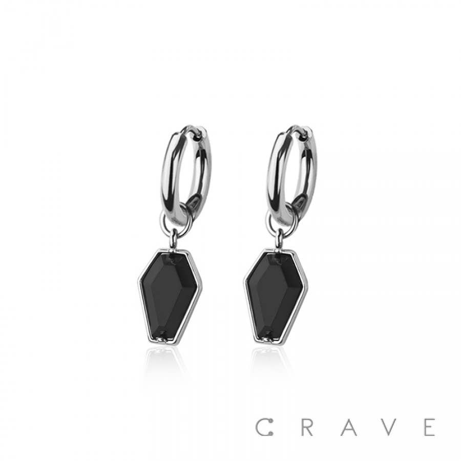 PAIR OF 316L STAINLESS STEEL HUGGIE/HOOP BLACK CZ COFFIN DAN