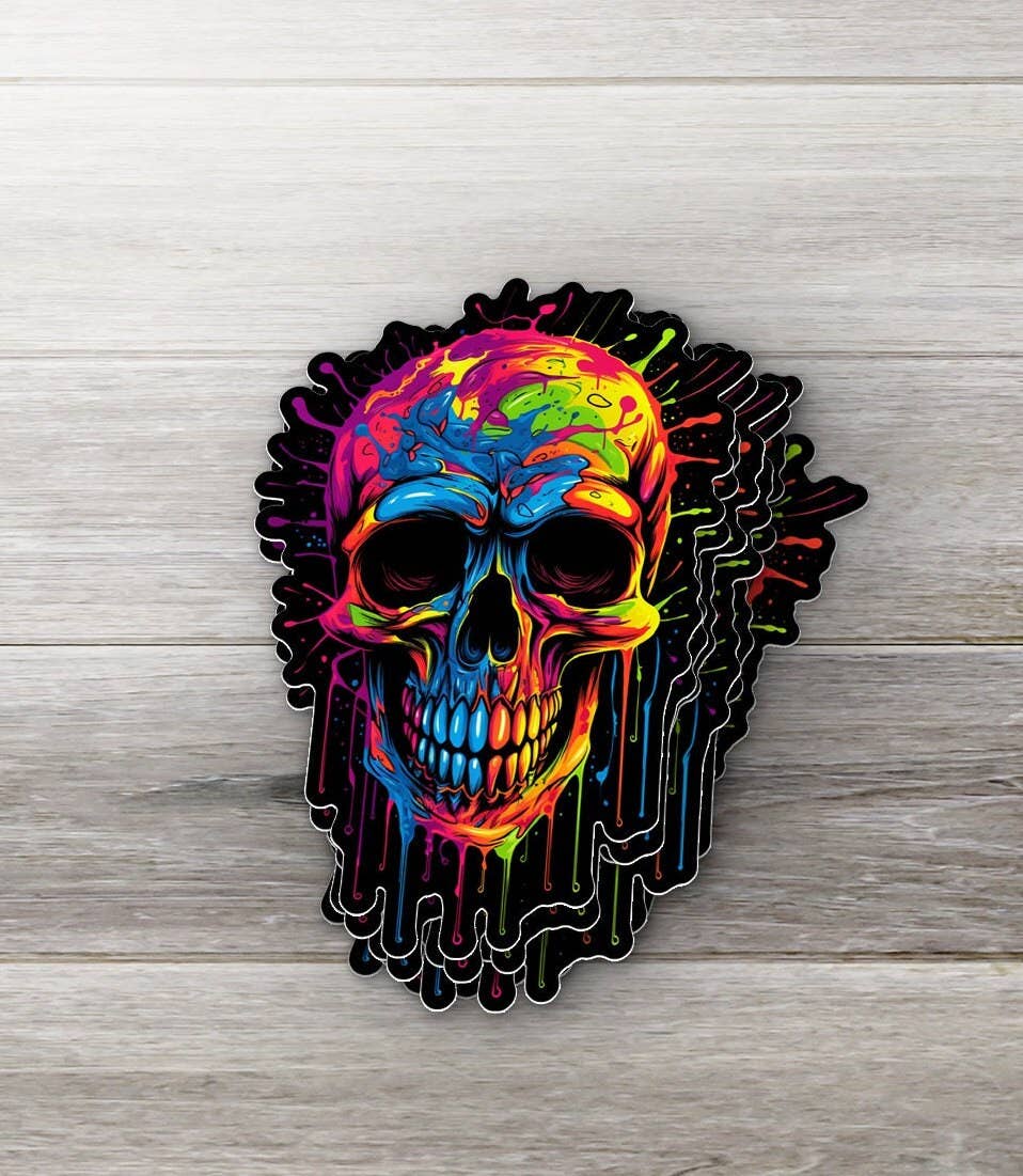 Colorful Skull Sticker- Paint Drip, 3D Art