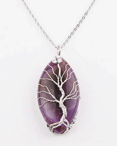 Tree of Life Necklace with Oval Amethyst Crystal