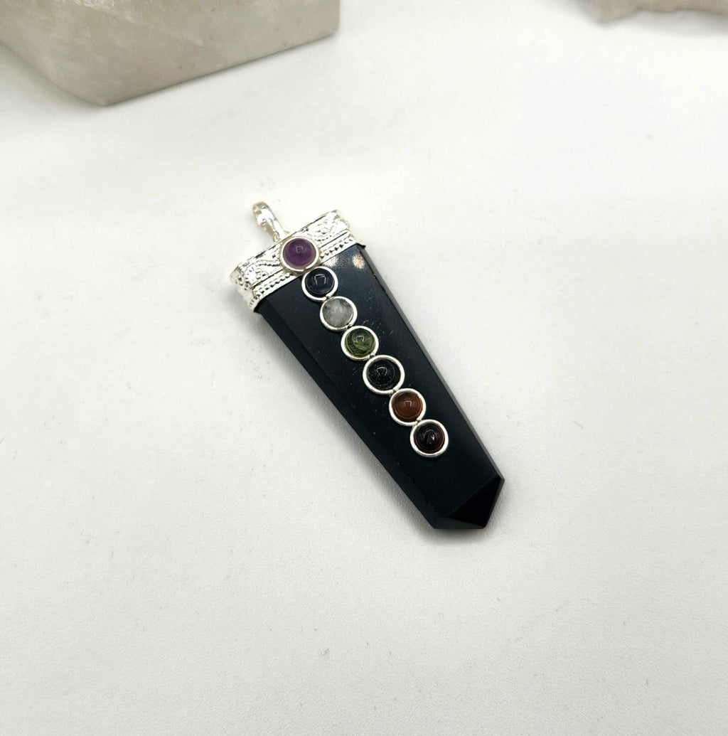 Black Obsidian Flat Gemstone Pendant w/Chakra Silver Color