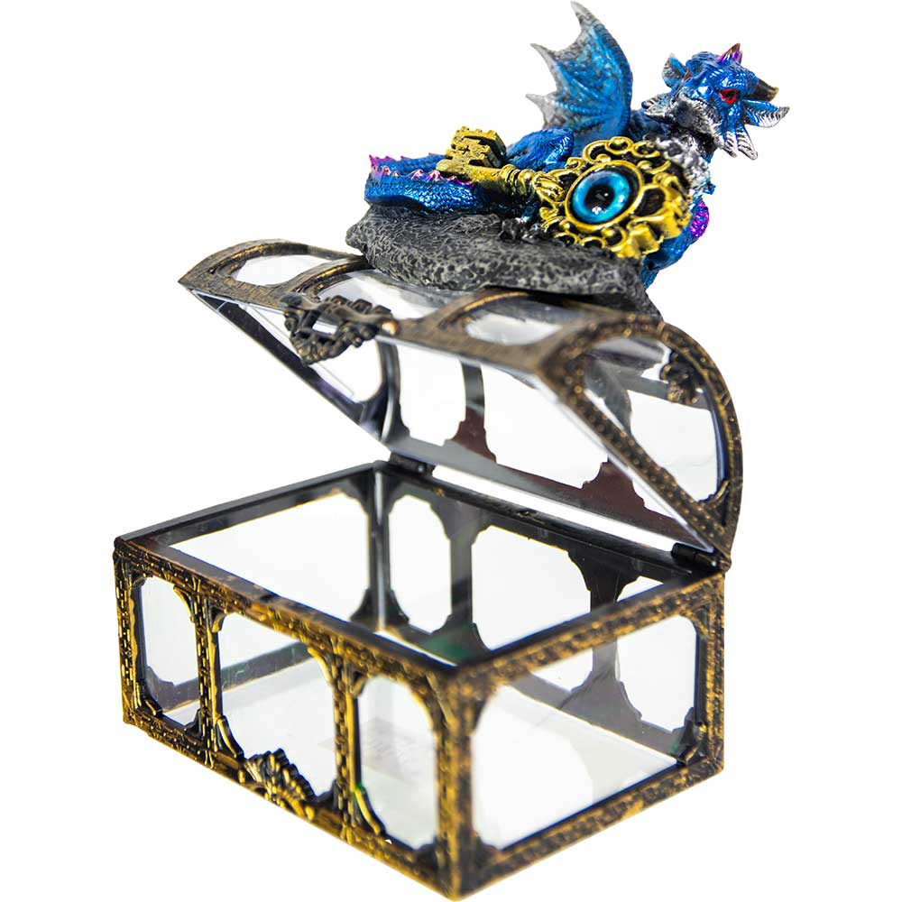 Polyresin Dragon on Treasure Chest - Blue w/ Dragon Eye Key