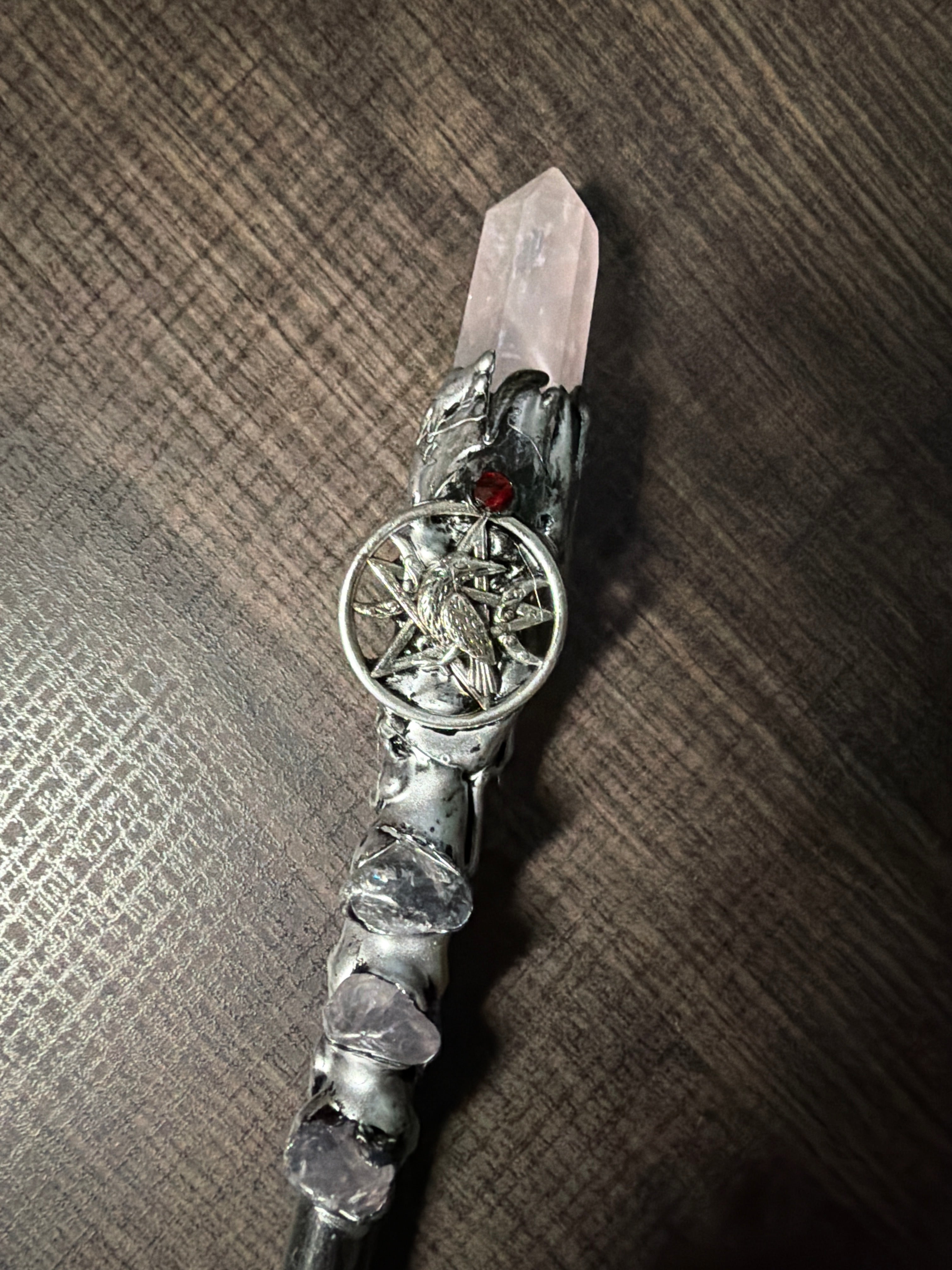 Magick Wand - Rose Quartz Point w/ Silver Raven