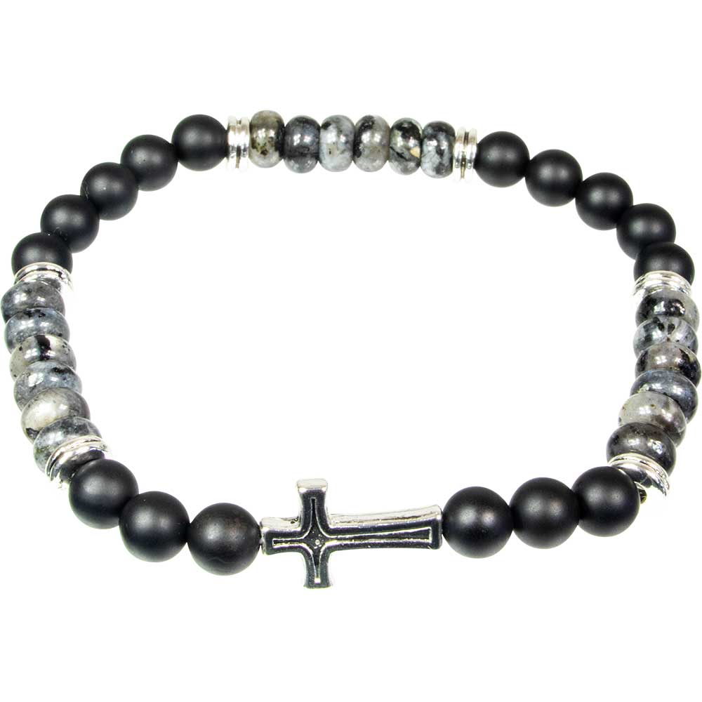 Elastic Bracelet 6mm Bead Black Agate & Labradorite w/ Cross