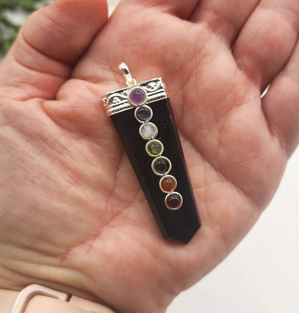 Black Obsidian Flat Gemstone Pendant w/Chakra Silver Color